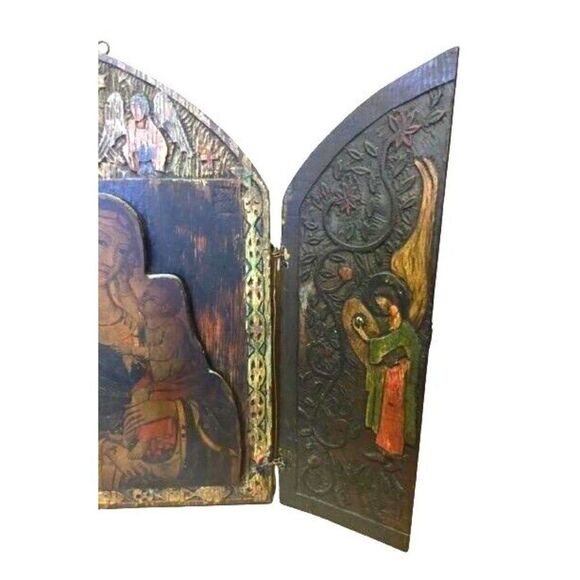 Antique Russian Christian Orthodox Triptych Icon Mother Virgin Madonna Jesus - Picture 9 of 13
